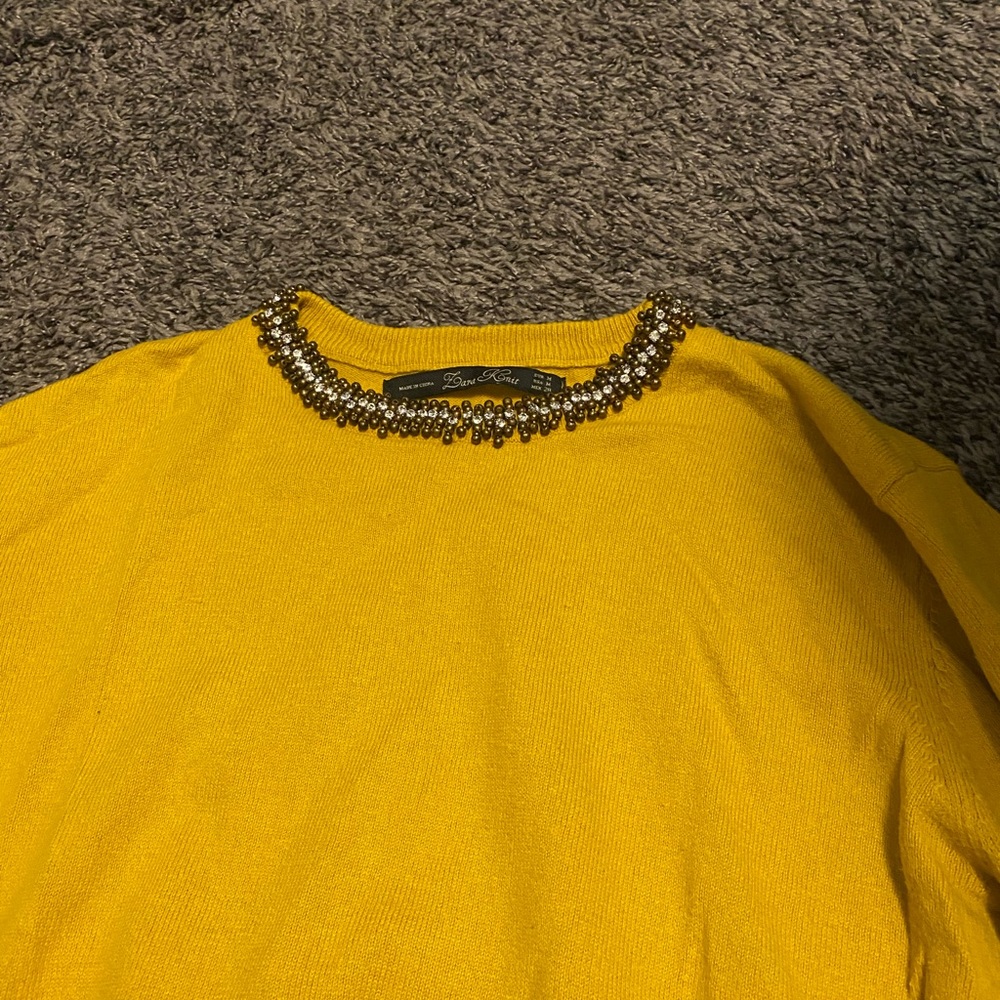 Zara sweater mustard yellow with beaded collar!